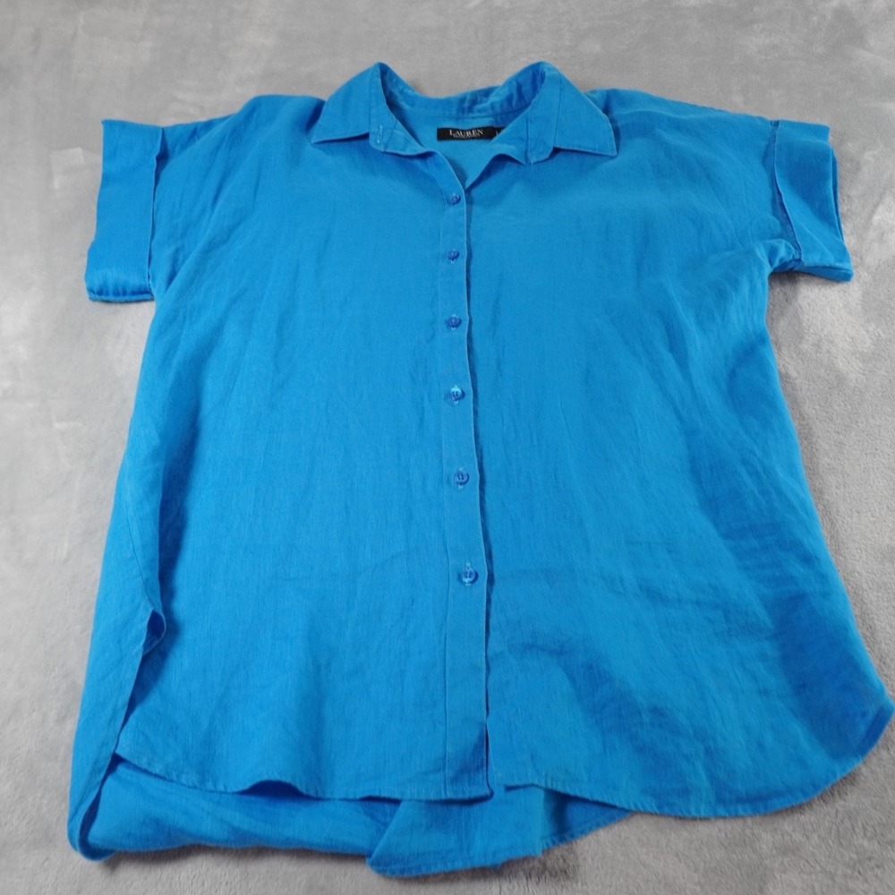 Lauren Ralph Lauren 100% Linen Button Up Shirt Women L Blue Short Sleeve Classic - Picture 8 of 12